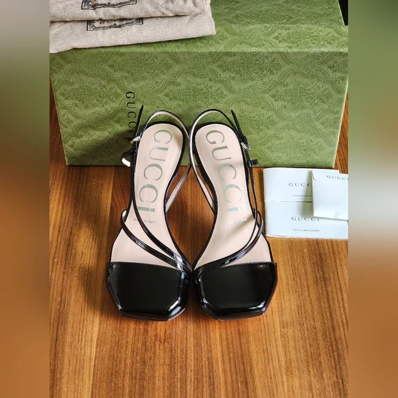 $850 Brand New 100% Auth Gucci Vitello Vernice Sandals Black Leather G 37 US 7 - Picture 3 of 14